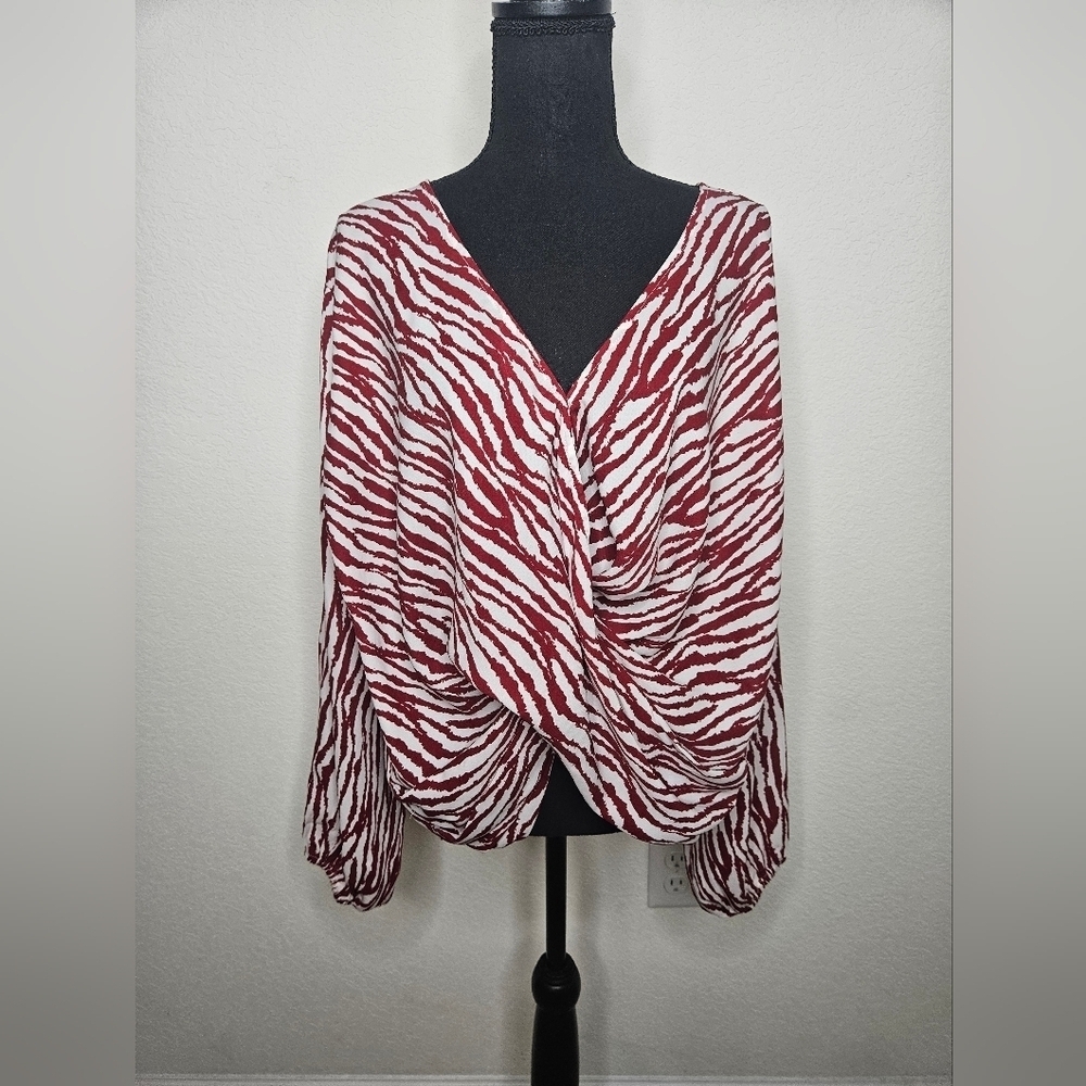 Umgee Animal Zebra Print Boho Balloon Peasant Sleeve Chiffon Surplice Blouse